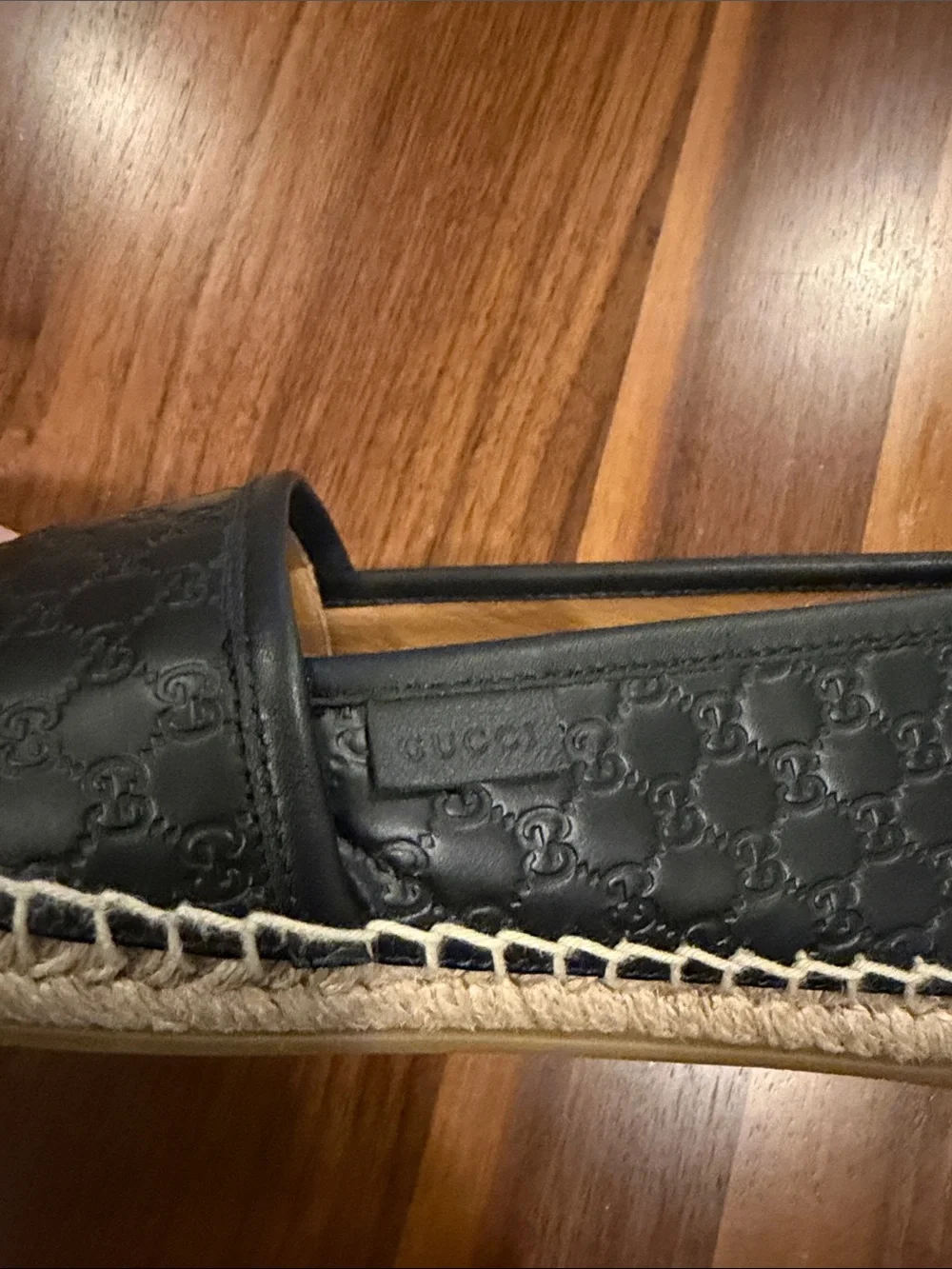 Gucci Black Embossed Leather Espadrille Slip-Ons 37.5